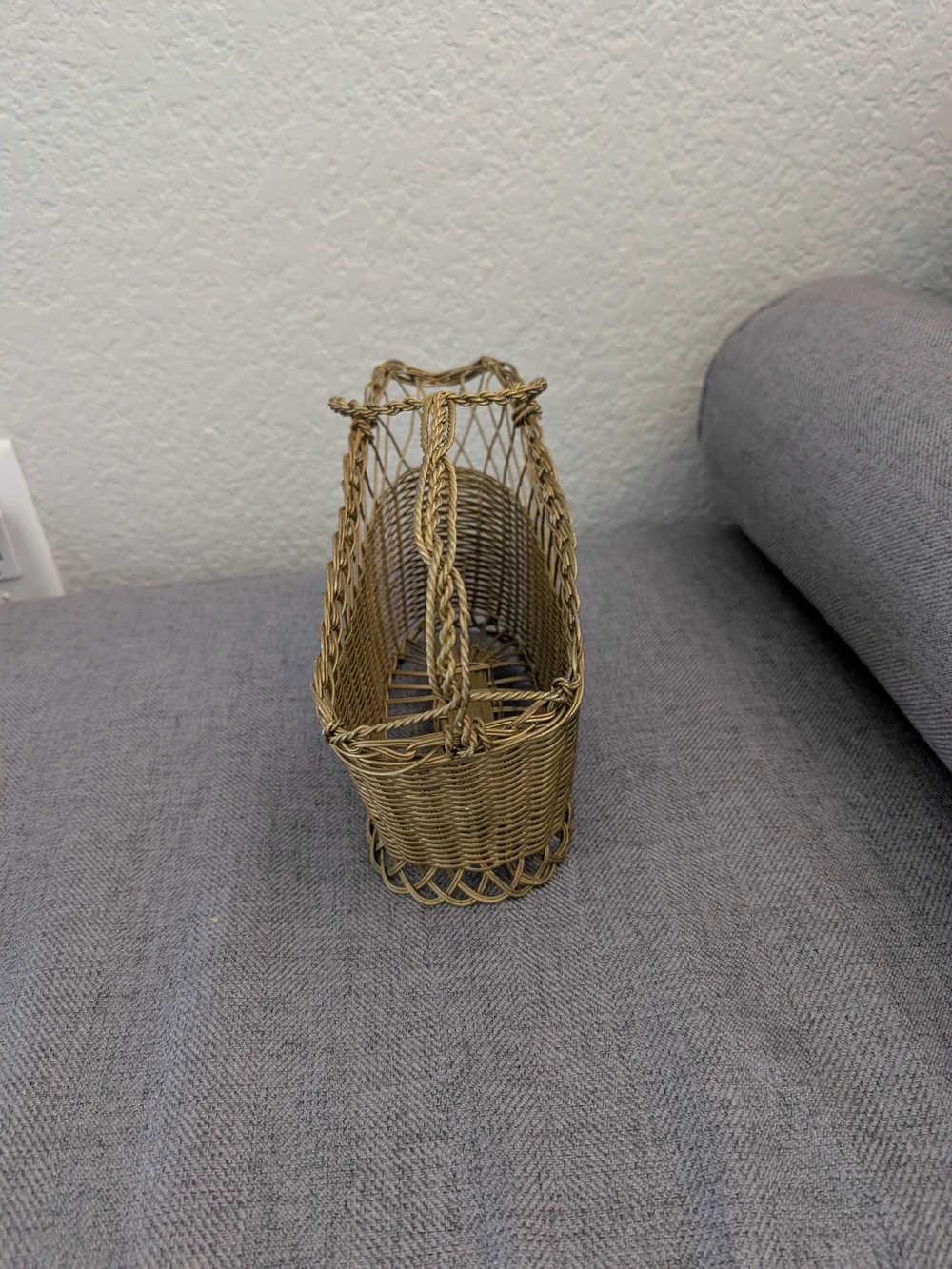 Vintage French Wine Basket Metal Bottle Holder, Single Bottle Stand, Woven